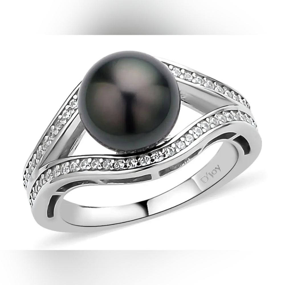 Tahitian Cultured Pearl with White Zircon Split Shank Ring Rhodium Over Sterling